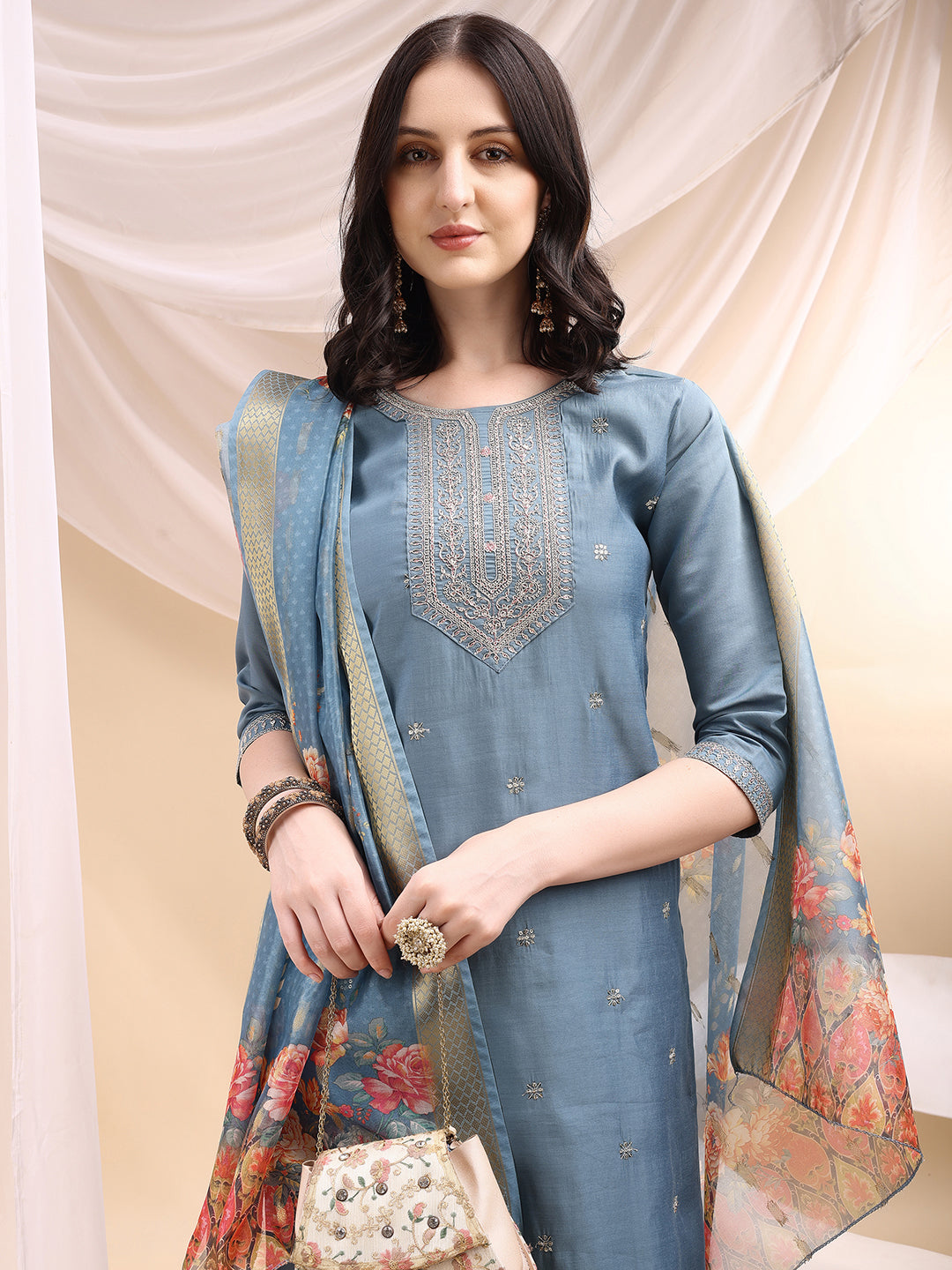 Sequined Embroidered Kurta with Pant & Printed Dupatta