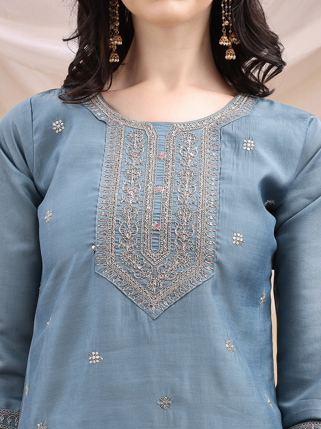Sequined Embroidered Kurta with Pant & Printed Dupatta
