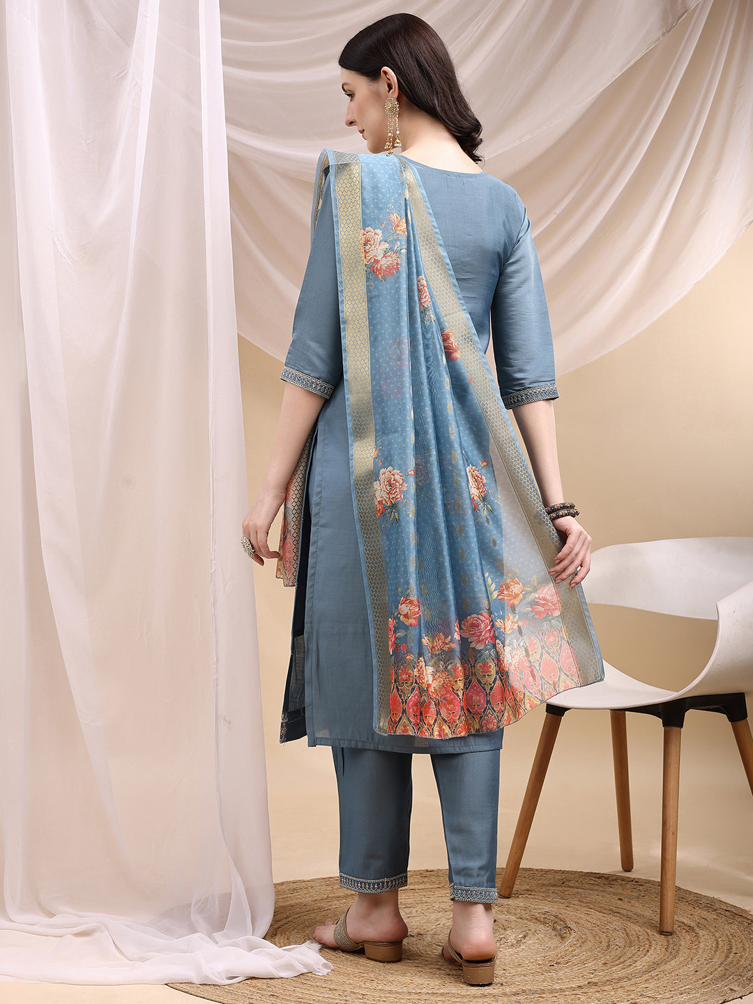 Sequined Embroidered Kurta with Pant & Printed Dupatta