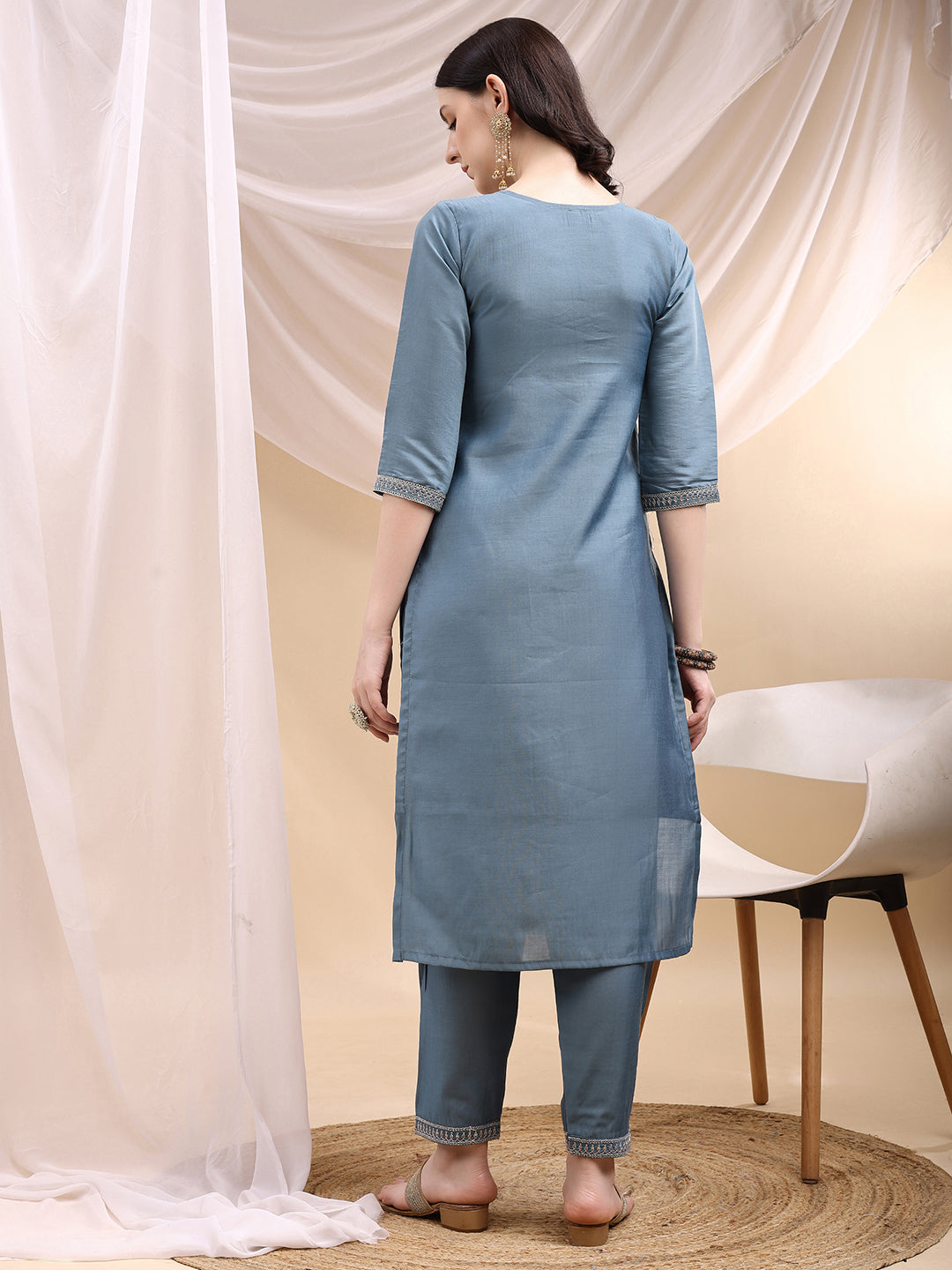 Sequined Embroidered Kurta with Pant & Printed Dupatta