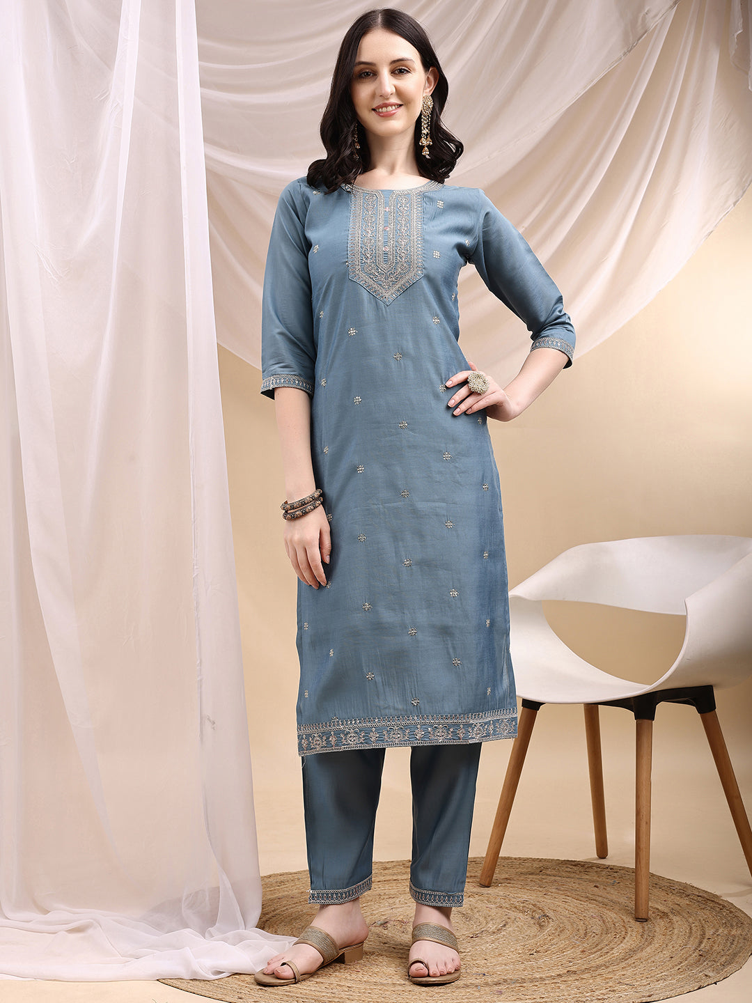 Sequined Embroidered Kurta with Pant & Printed Dupatta