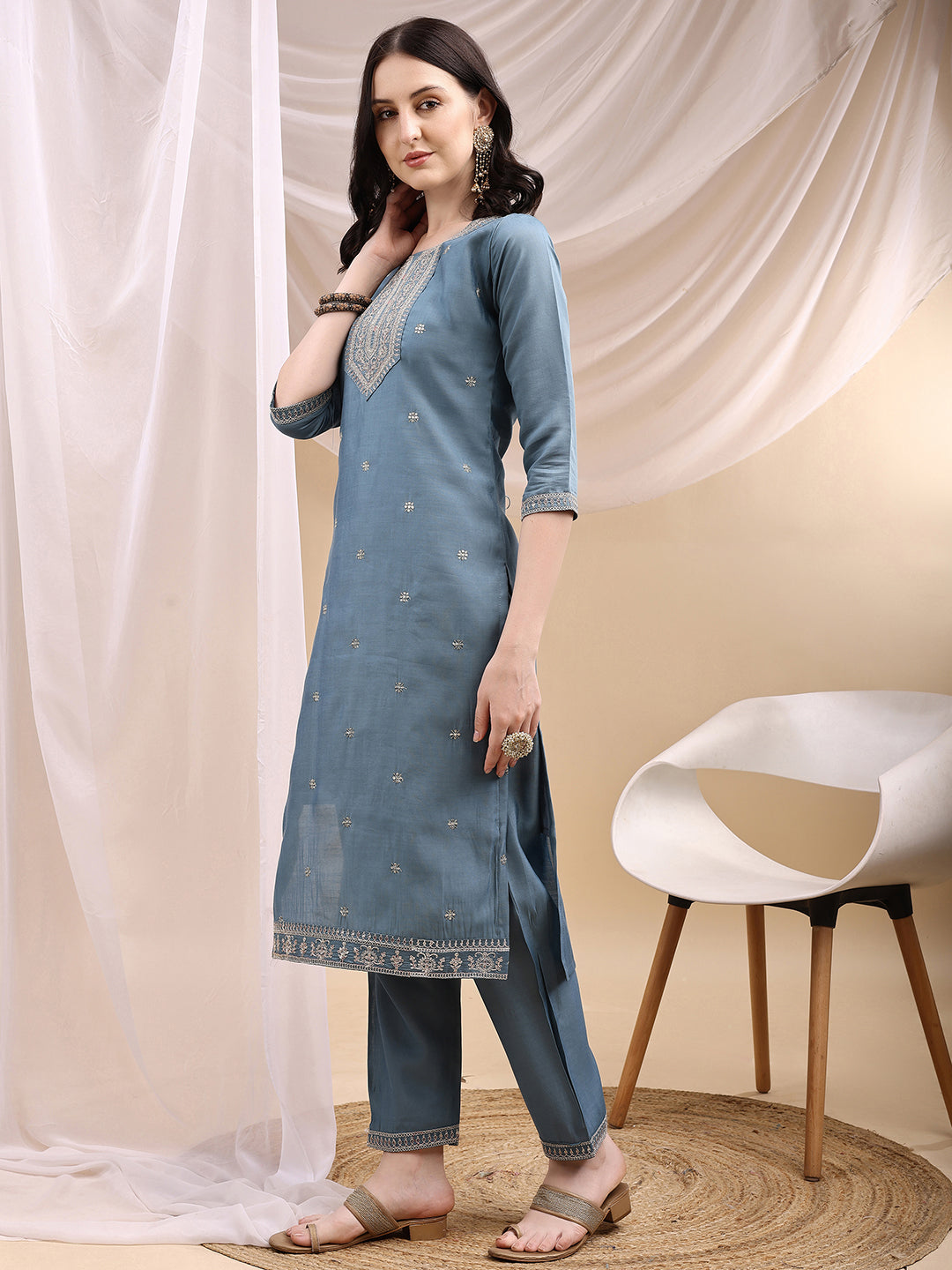 Sequined Embroidered Kurta with Pant & Printed Dupatta