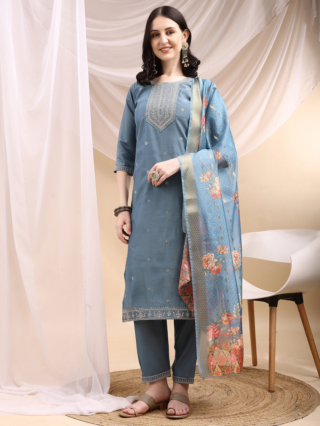 Sequined Embroidered Kurta with Pant & Printed Dupatta