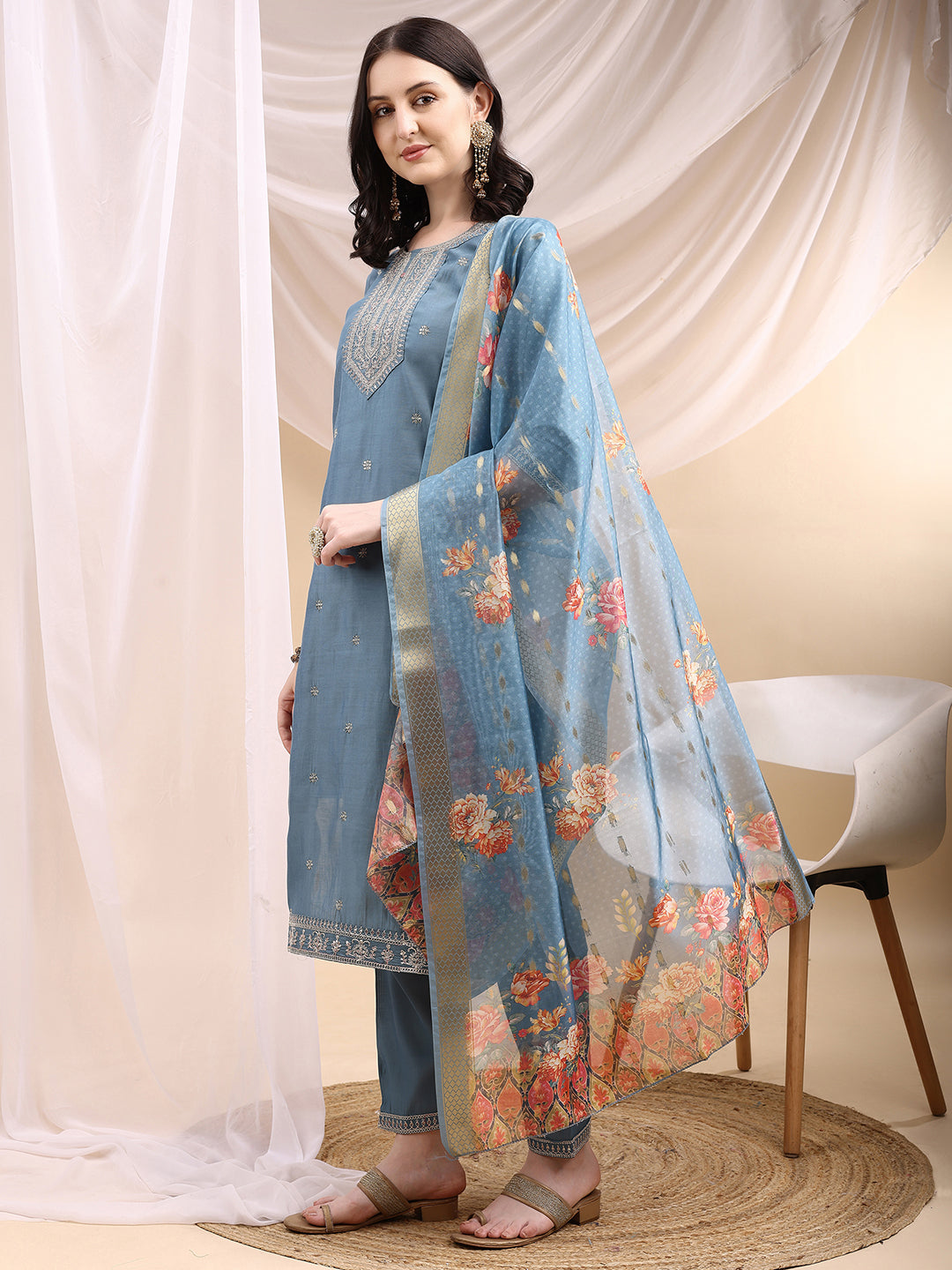 Sequined Embroidered Kurta with Pant & Printed Dupatta
