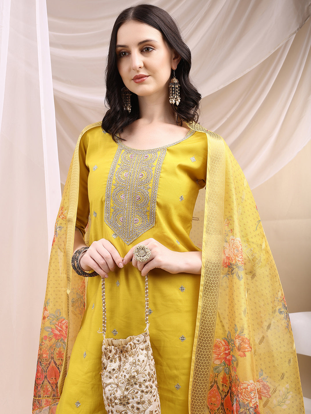 Sequined Embroidered Kurta with Pant & Printed Dupatta
