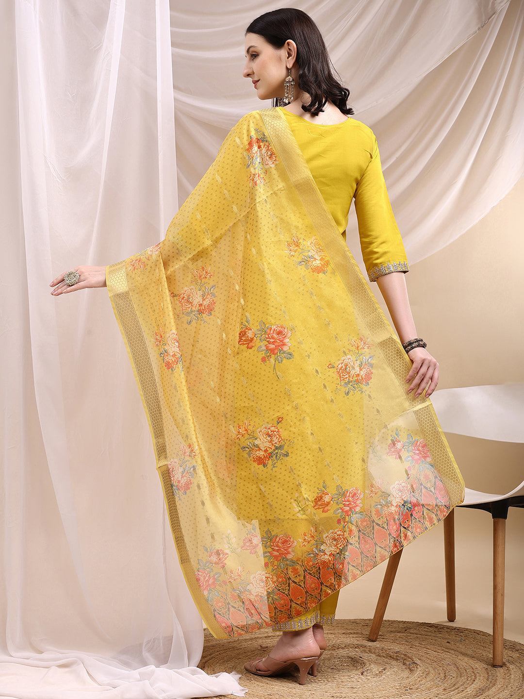 Sequined Embroidered Kurta with Pant & Printed Dupatta