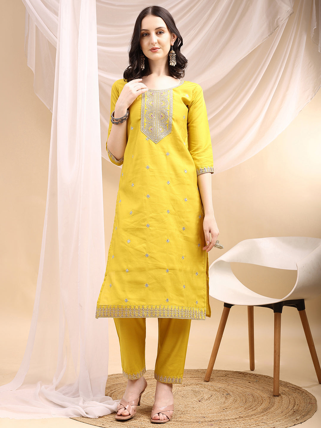 Sequined Embroidered Kurta with Pant & Printed Dupatta
