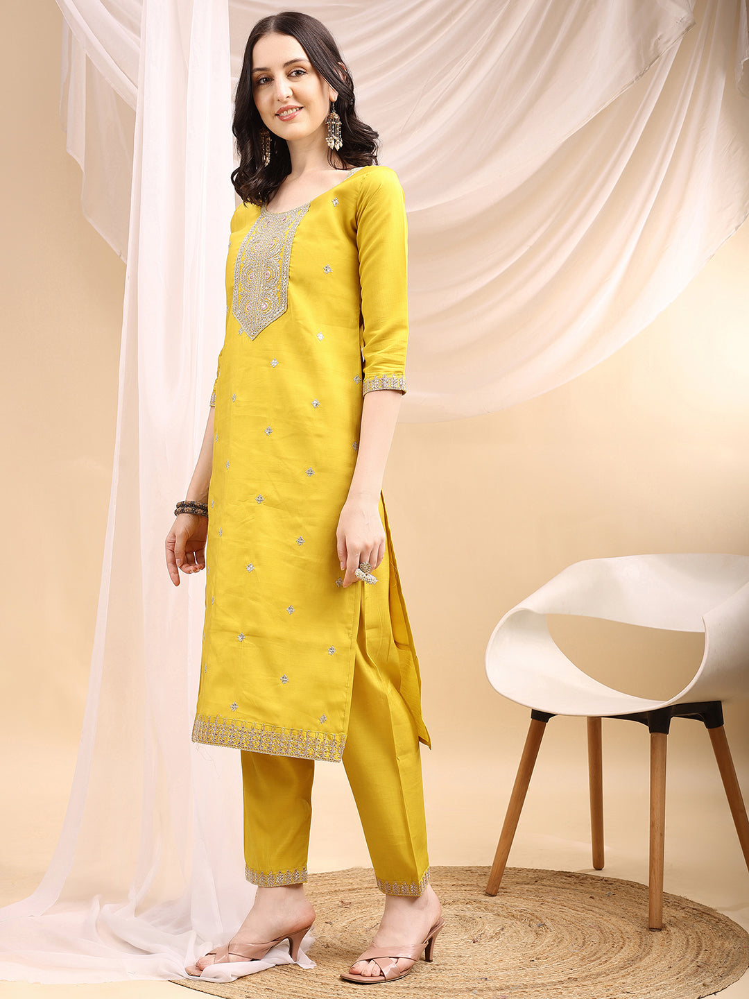 Sequined Embroidered Kurta with Pant & Printed Dupatta