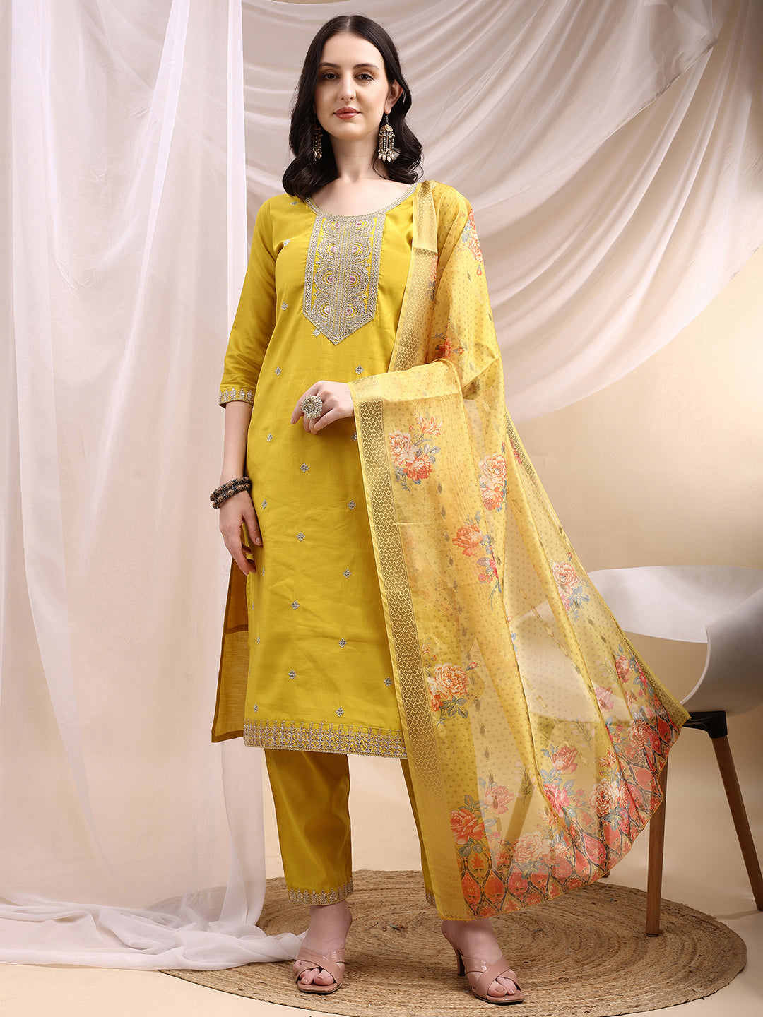 Sequined Embroidered Kurta with Pant & Printed Dupatta