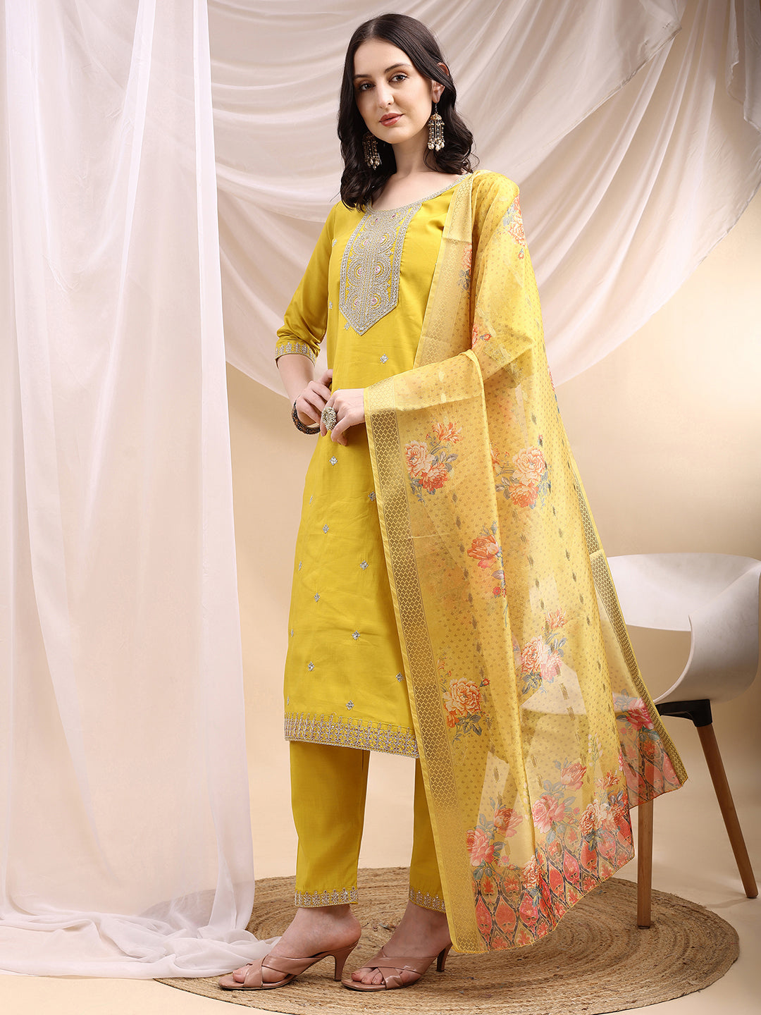 Sequined Embroidered Kurta with Pant & Printed Dupatta