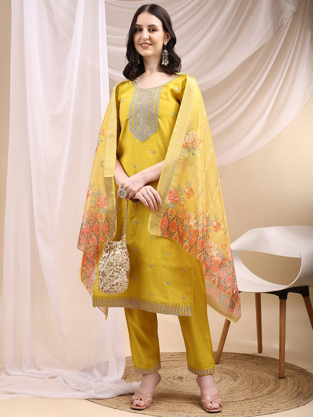 Sequined Embroidered Kurta with Pant & Printed Dupatta