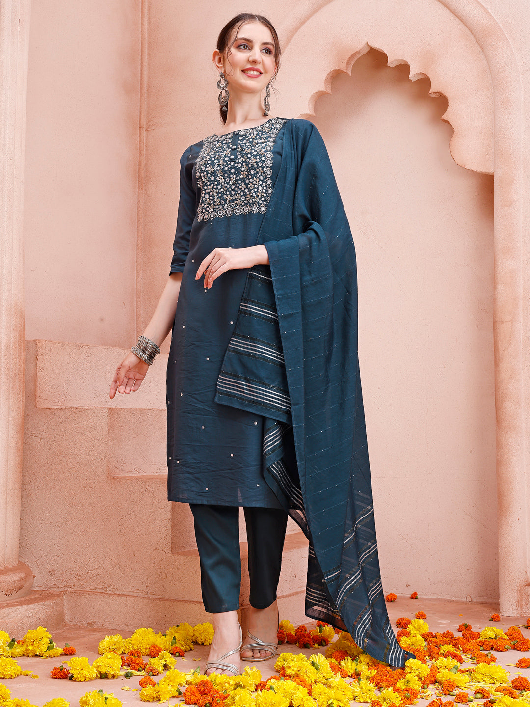 Hand Embroidered Kurta with Pant and Dupatta set