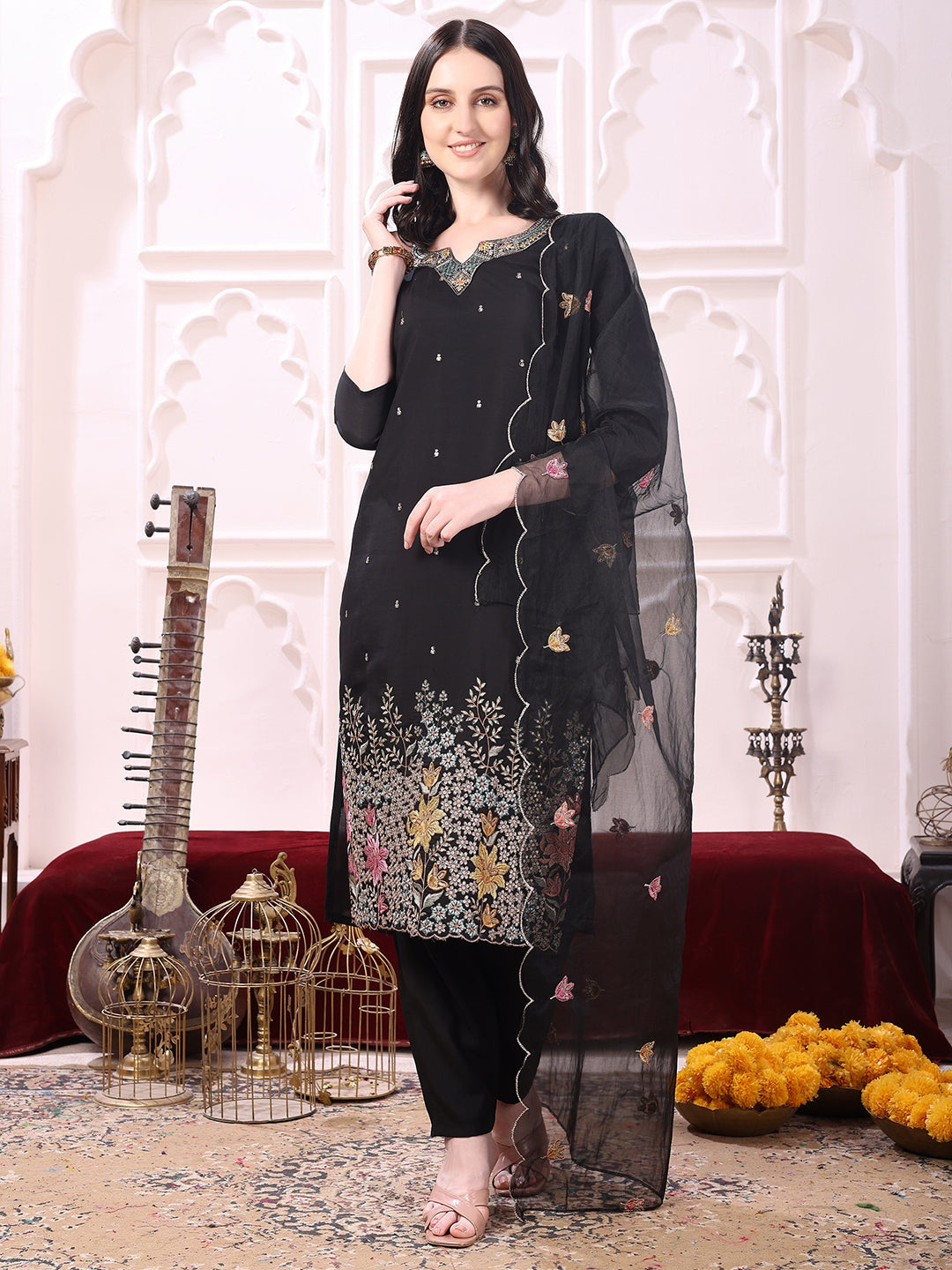 Sequinned & Thread Embroidered Kurta with Pant & Embroidered Dupatta