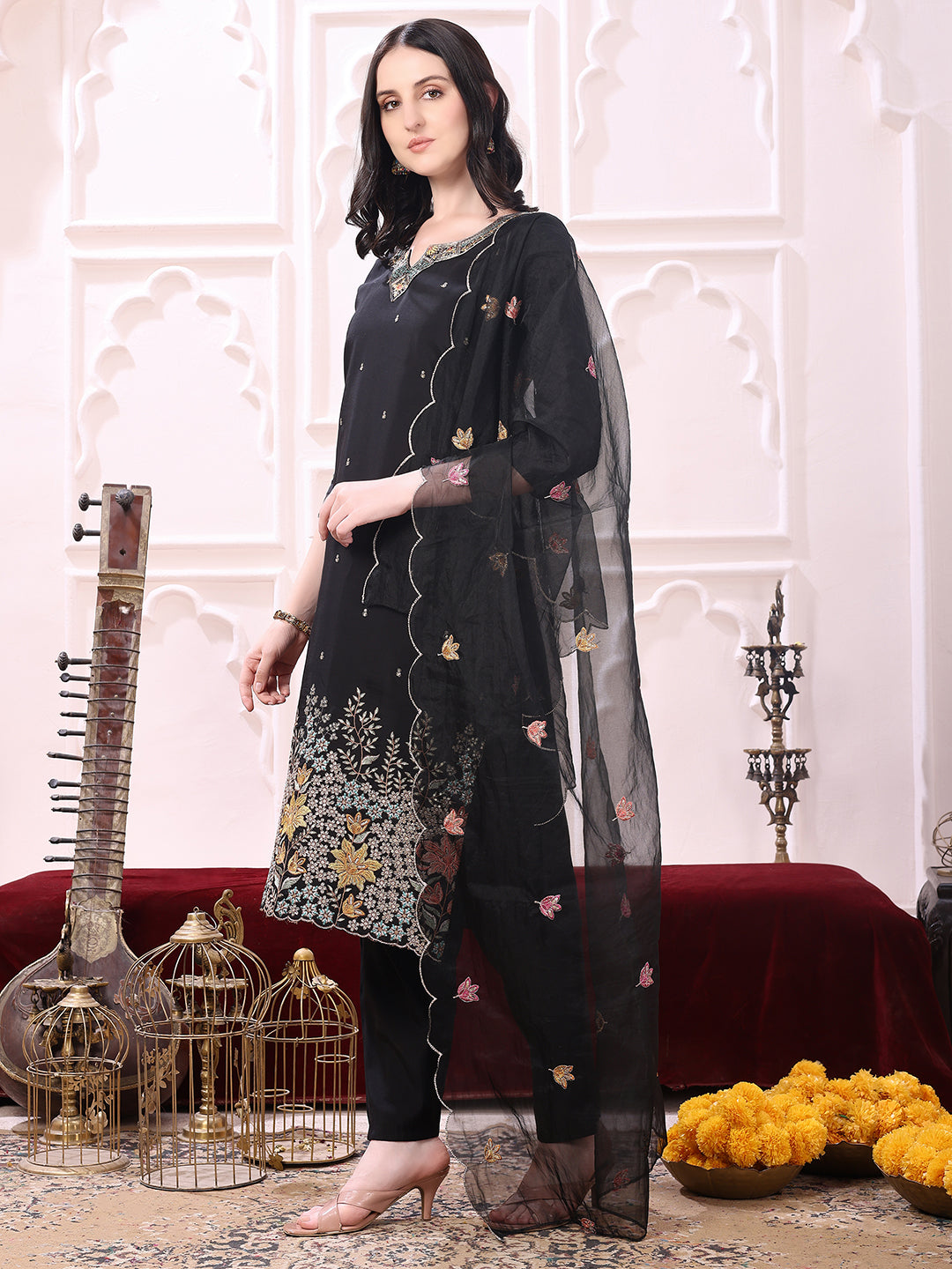 Sequinned & Thread Embroidered Kurta with Pant & Embroidered Dupatta