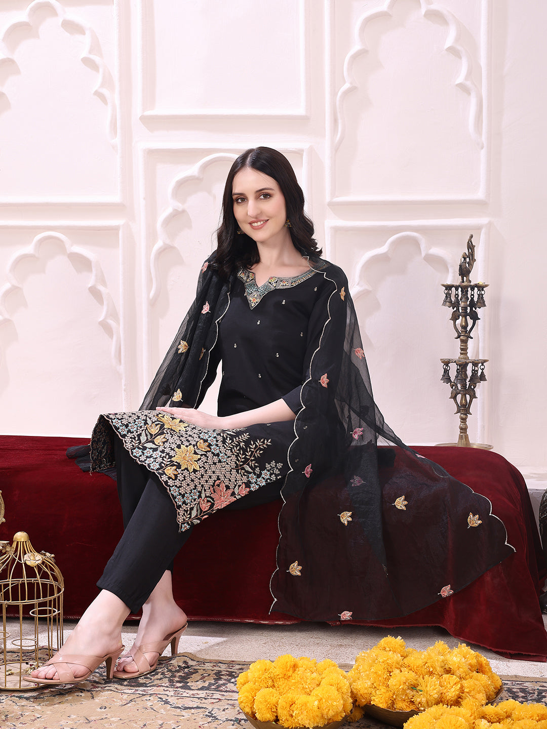 Sequinned & Thread Embroidered Kurta with Pant & Embroidered Dupatta