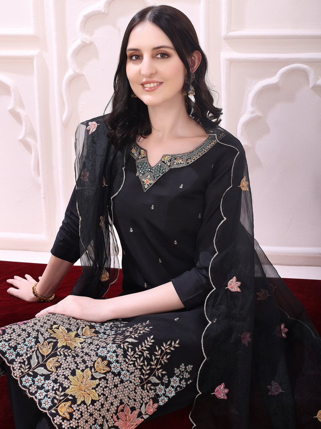 Sequinned & Thread Embroidered Kurta with Pant & Embroidered Dupatta