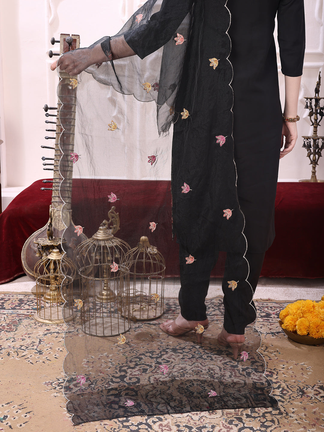 Sequinned & Thread Embroidered Kurta with Pant & Embroidered Dupatta