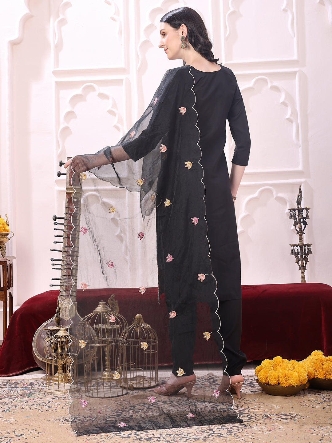 Sequinned & Thread Embroidered Kurta with Pant & Embroidered Dupatta
