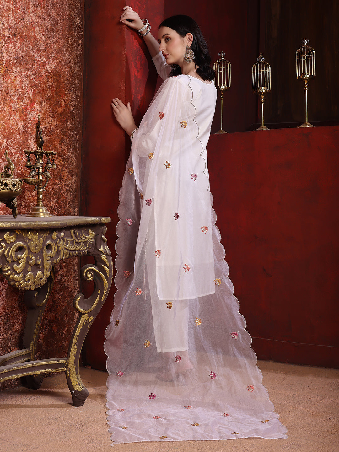 Sequinned & Thread Embroidered Kurta with Pant & Embroidered Dupatta