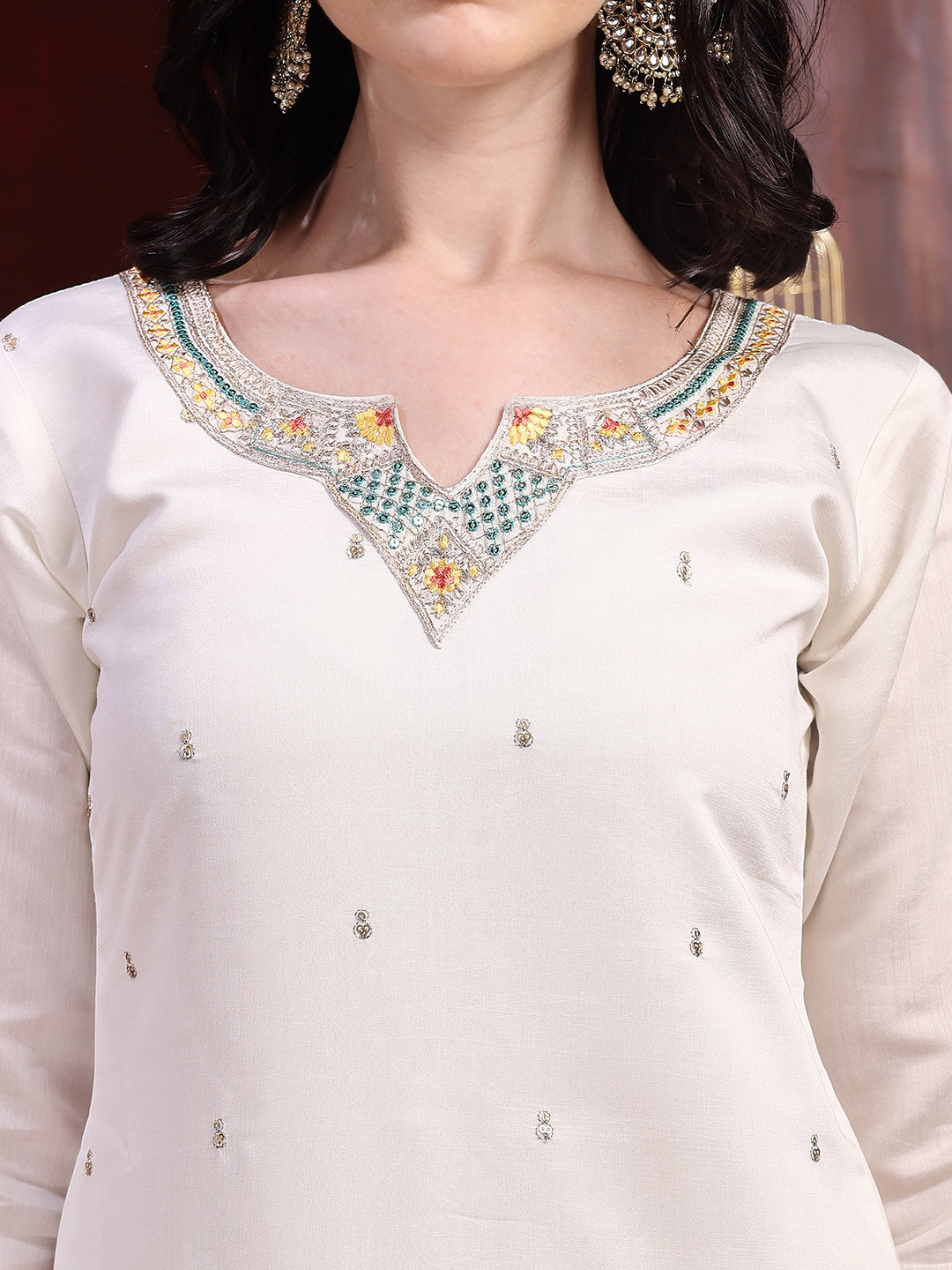 Sequinned & Thread Embroidered Kurta with Pant & Embroidered Dupatta