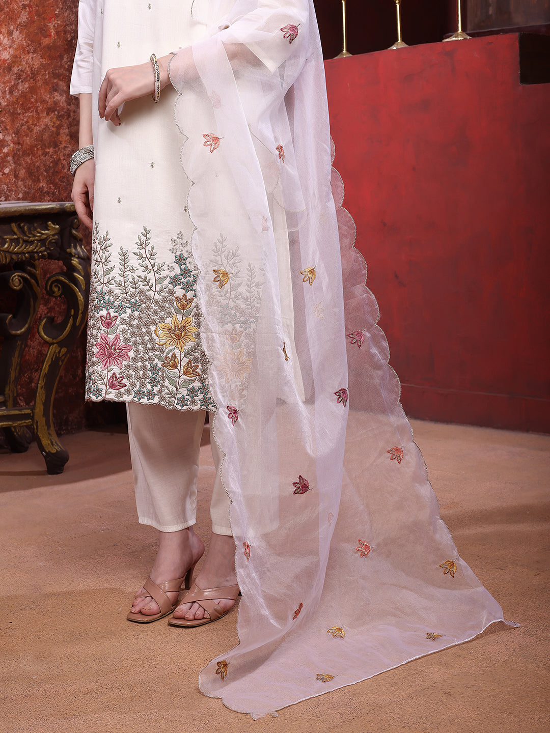 Sequinned & Thread Embroidered Kurta with Pant & Embroidered Dupatta