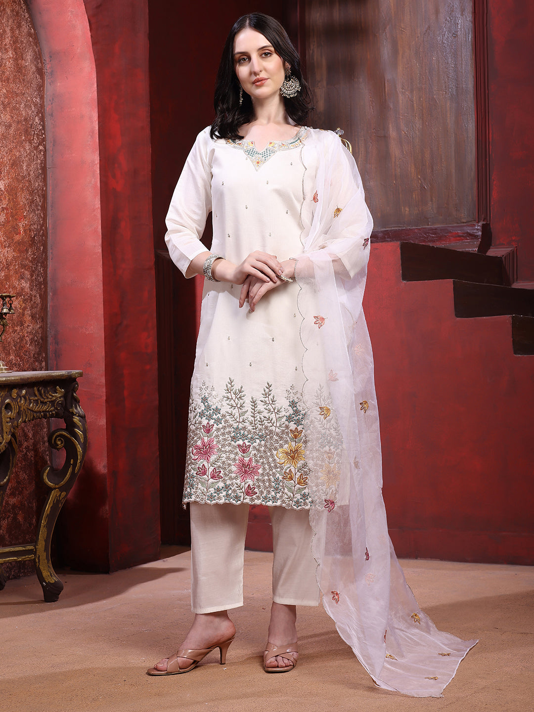Sequinned & Thread Embroidered Kurta with Pant & Embroidered Dupatta
