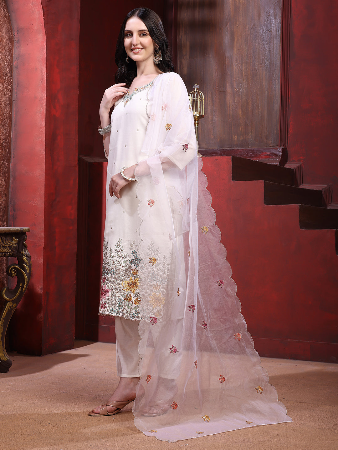 Sequinned & Thread Embroidered Kurta with Pant & Embroidered Dupatta