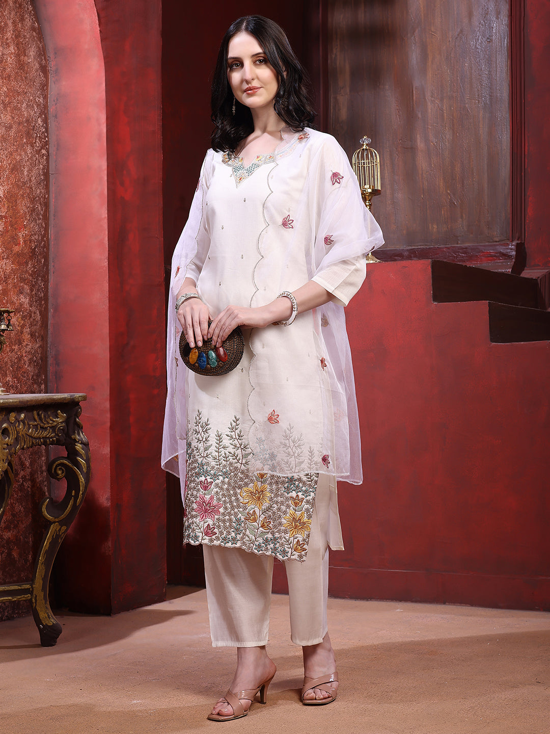 Sequinned & Thread Embroidered Kurta with Pant & Embroidered Dupatta