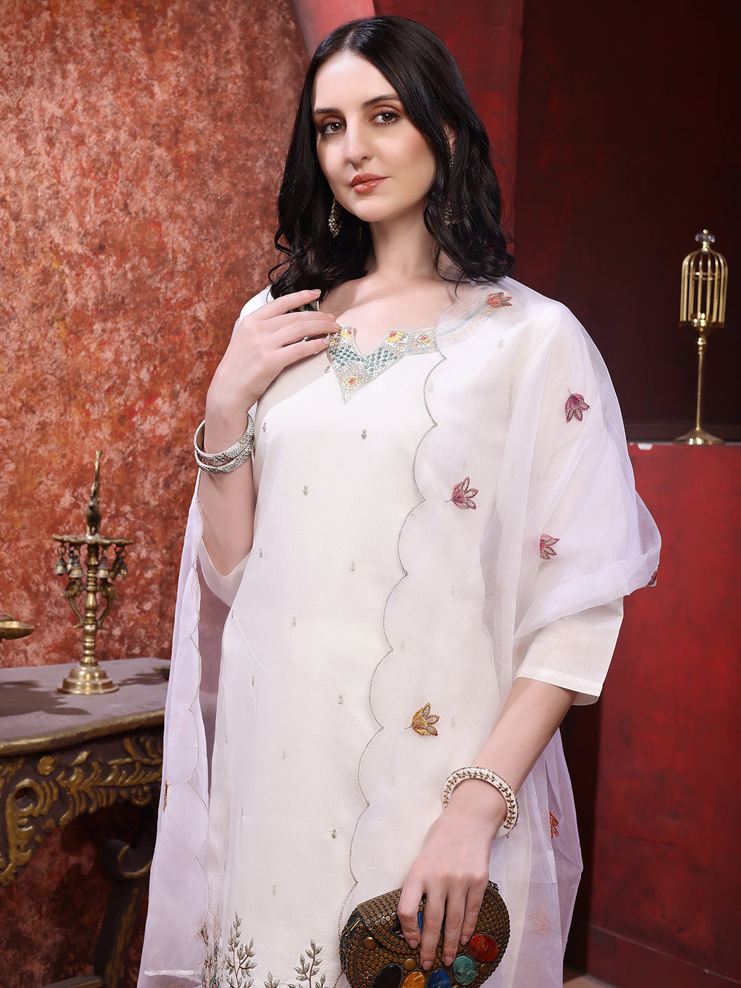 Sequinned & Thread Embroidered Kurta with Pant & Embroidered Dupatta