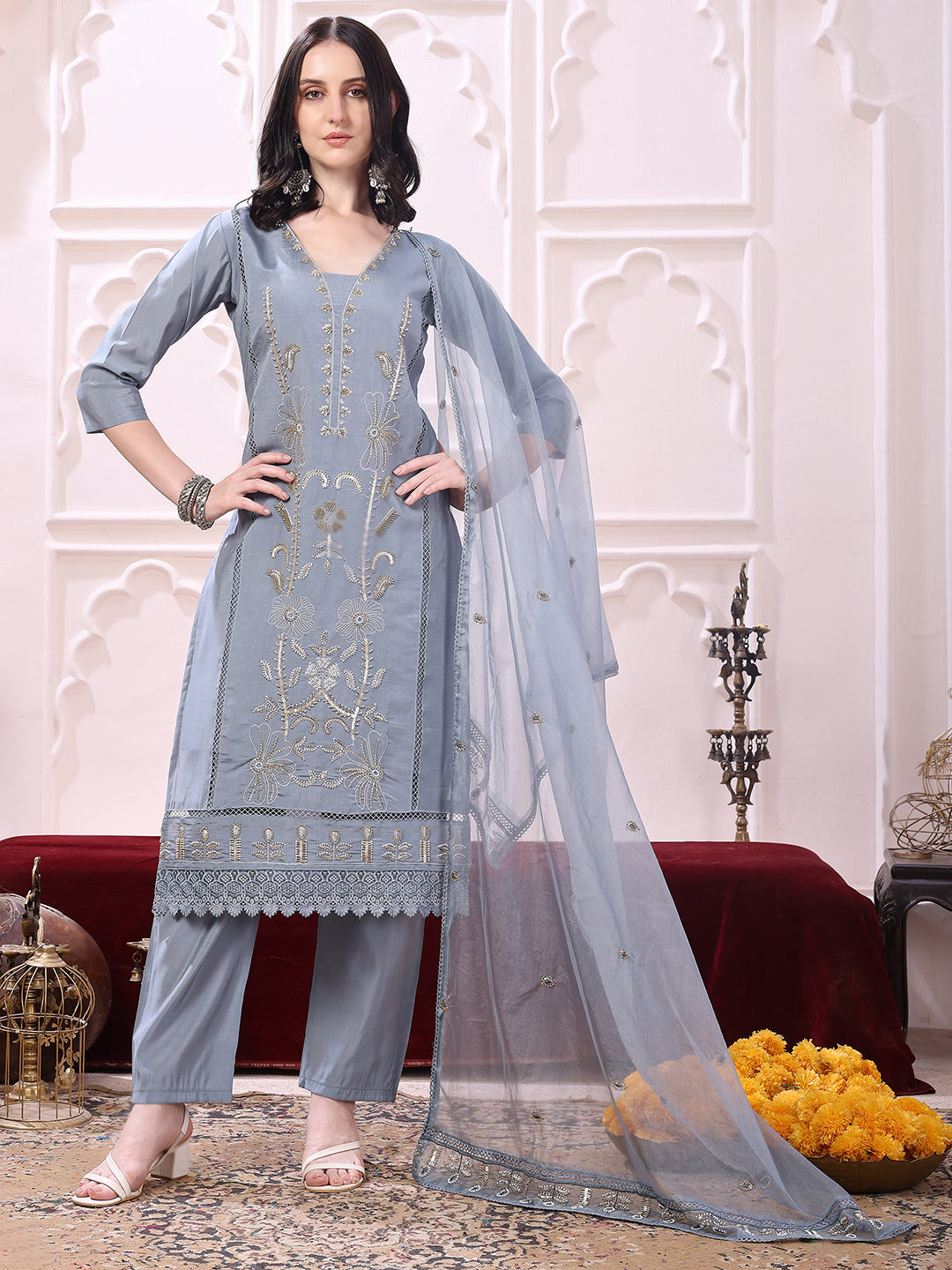 Heavy Hand embroidered Kurta with Pant & Dupatta
