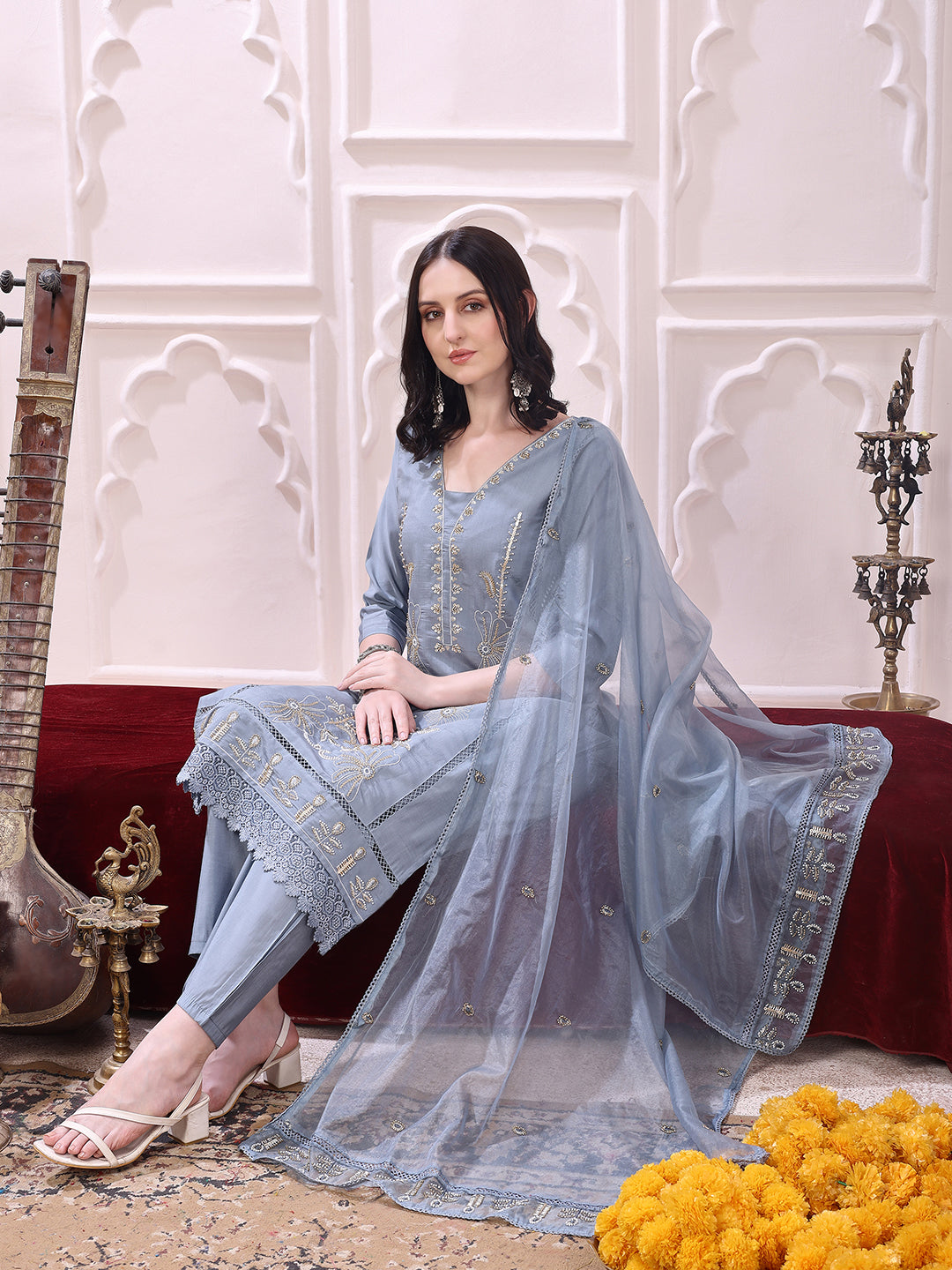 Heavy Hand embroidered Kurta with Pant & Dupatta