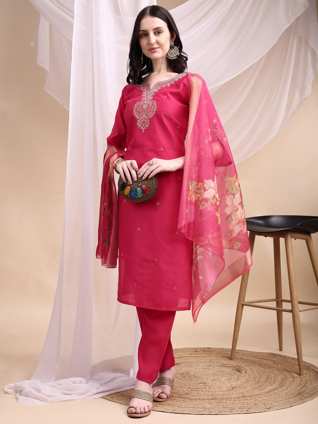 Embroidered Kurta with Pant & Printed Organza Dupatta
