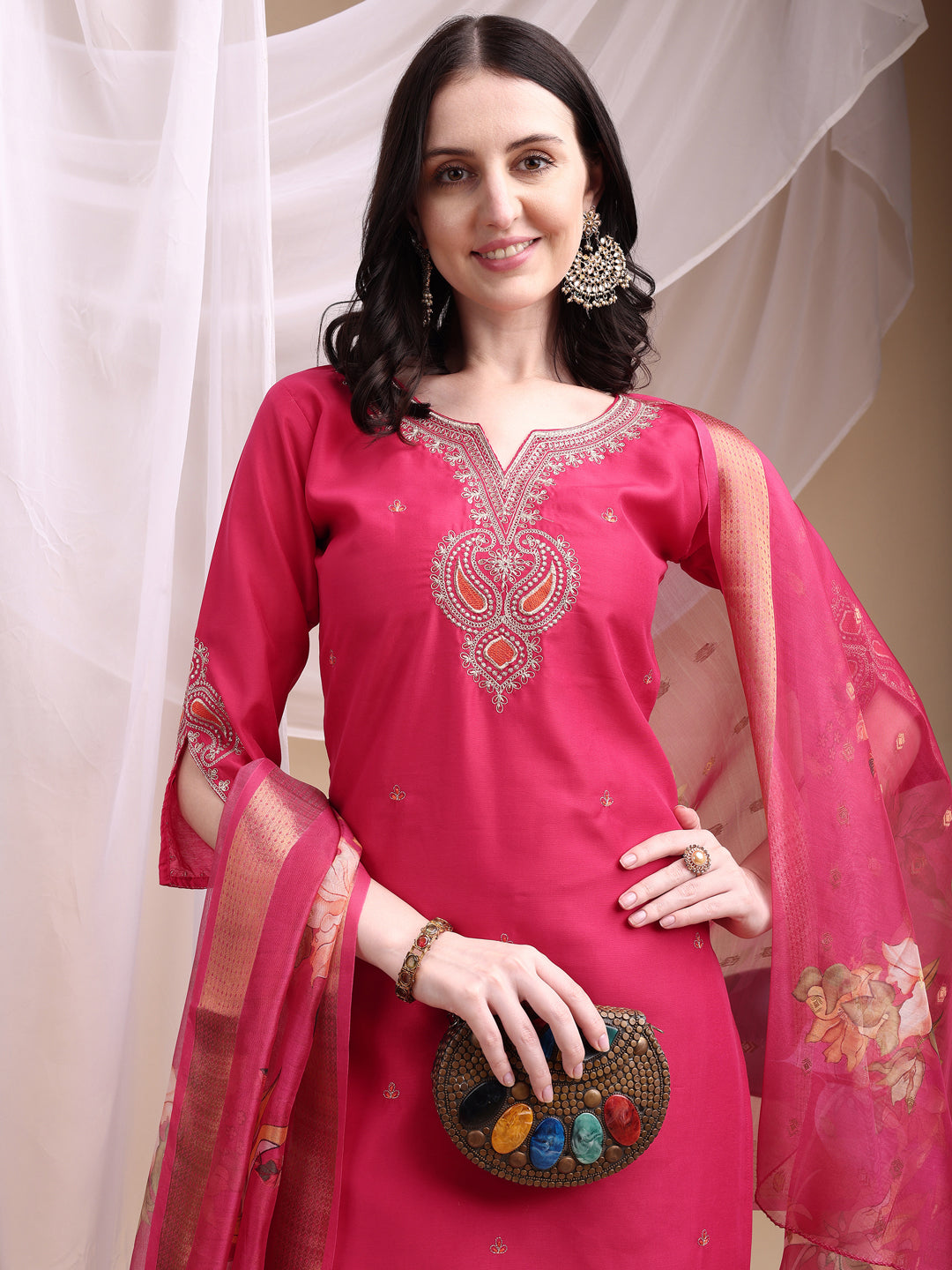 Embroidered Kurta with Pant & Printed Organza Dupatta