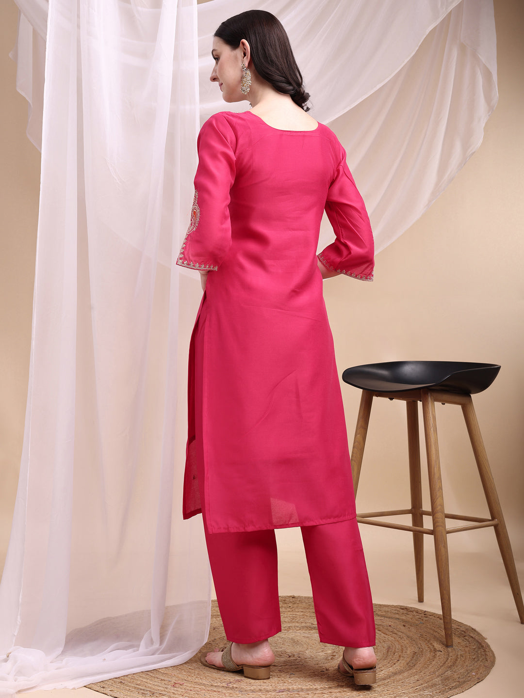 Embroidered Kurta with Pant & Printed Organza Dupatta