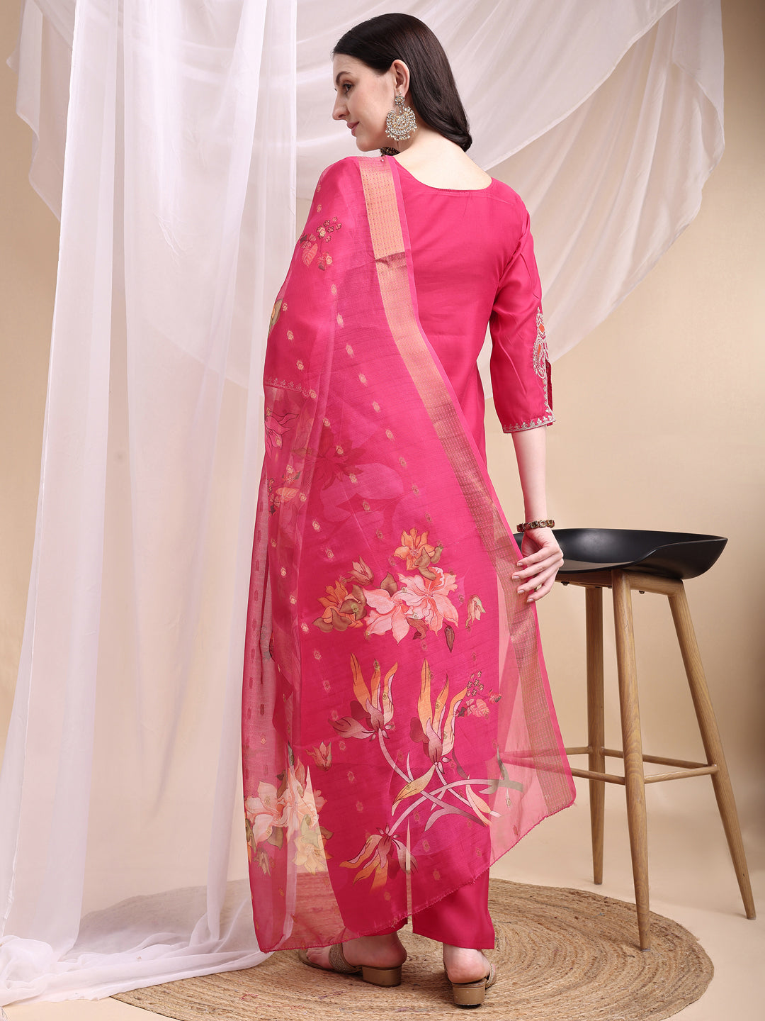 Embroidered Kurta with Pant & Printed Organza Dupatta