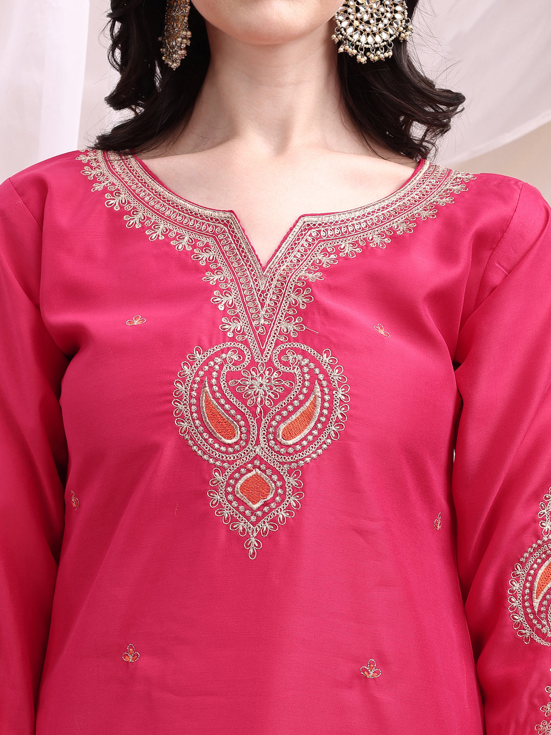 Embroidered Kurta with Pant & Printed Organza Dupatta