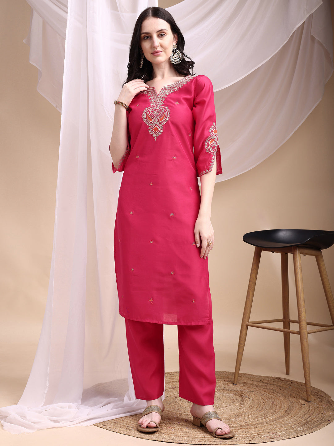 Embroidered Kurta with Pant & Printed Organza Dupatta
