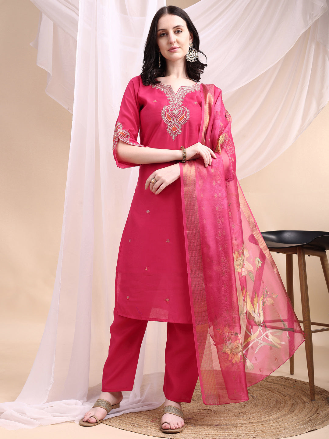 Embroidered Kurta with Pant & Printed Organza Dupatta