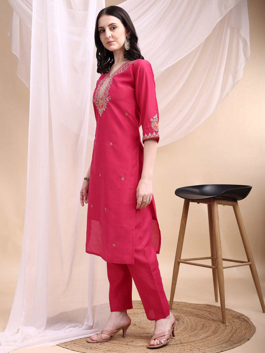Embroidered Kurta with Pant & Printed Organza Dupatta