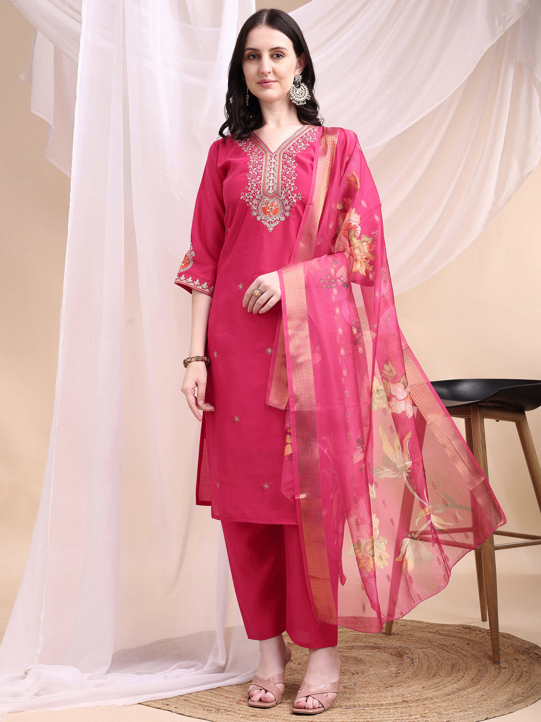 Embroidered Kurta with Pant & Printed Organza Dupatta