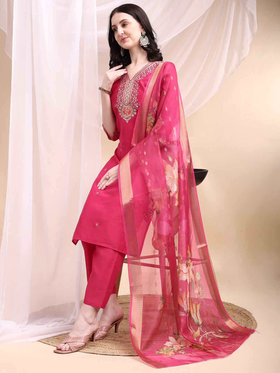 Embroidered Kurta with Pant & Printed Organza Dupatta