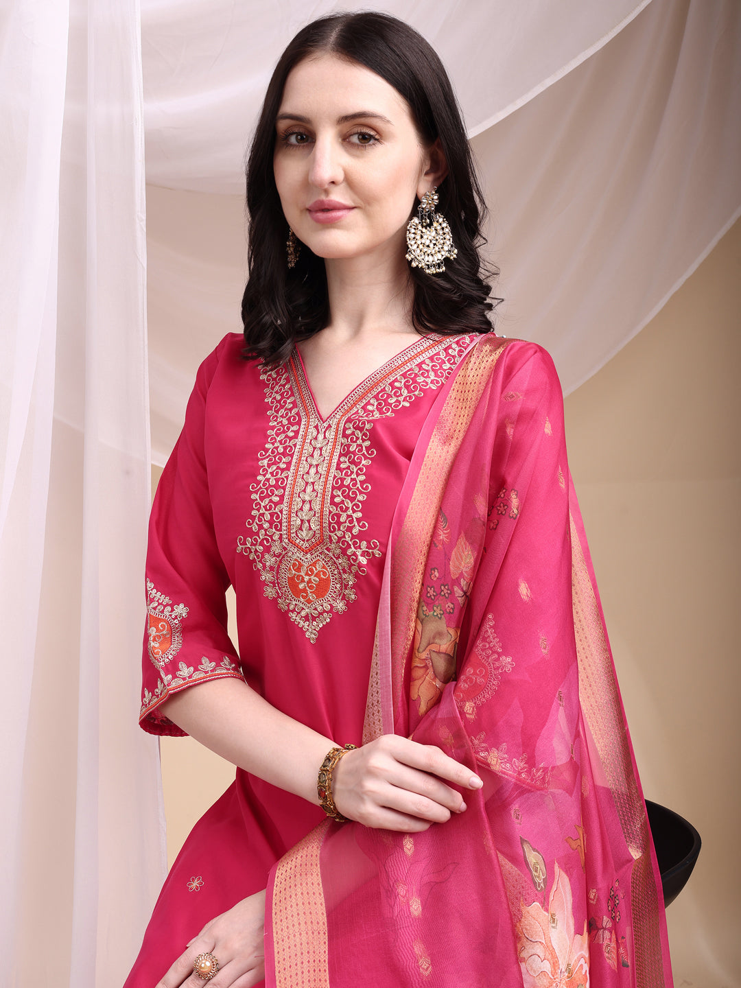 Embroidered Kurta with Pant & Printed Organza Dupatta