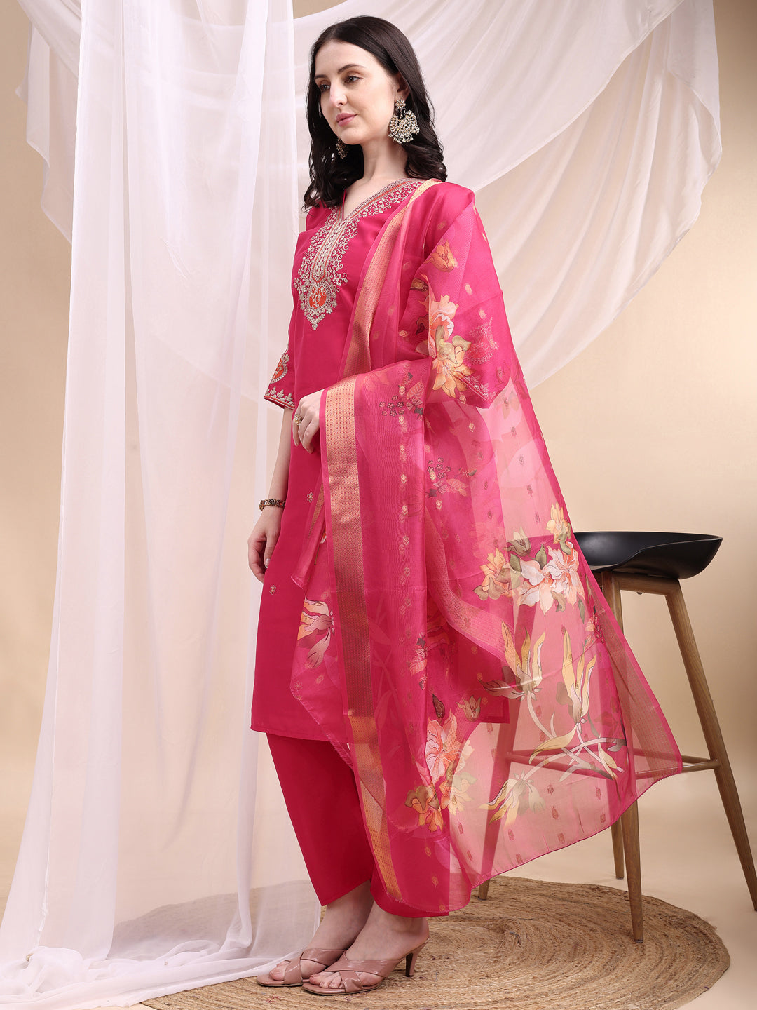 Embroidered Kurta with Pant & Printed Organza Dupatta