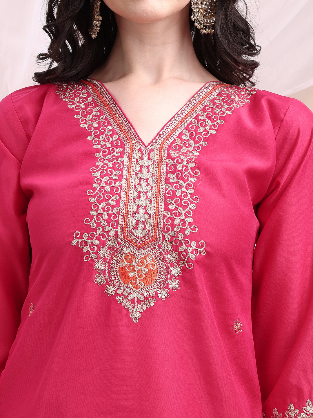 Embroidered Kurta with Pant & Printed Organza Dupatta
