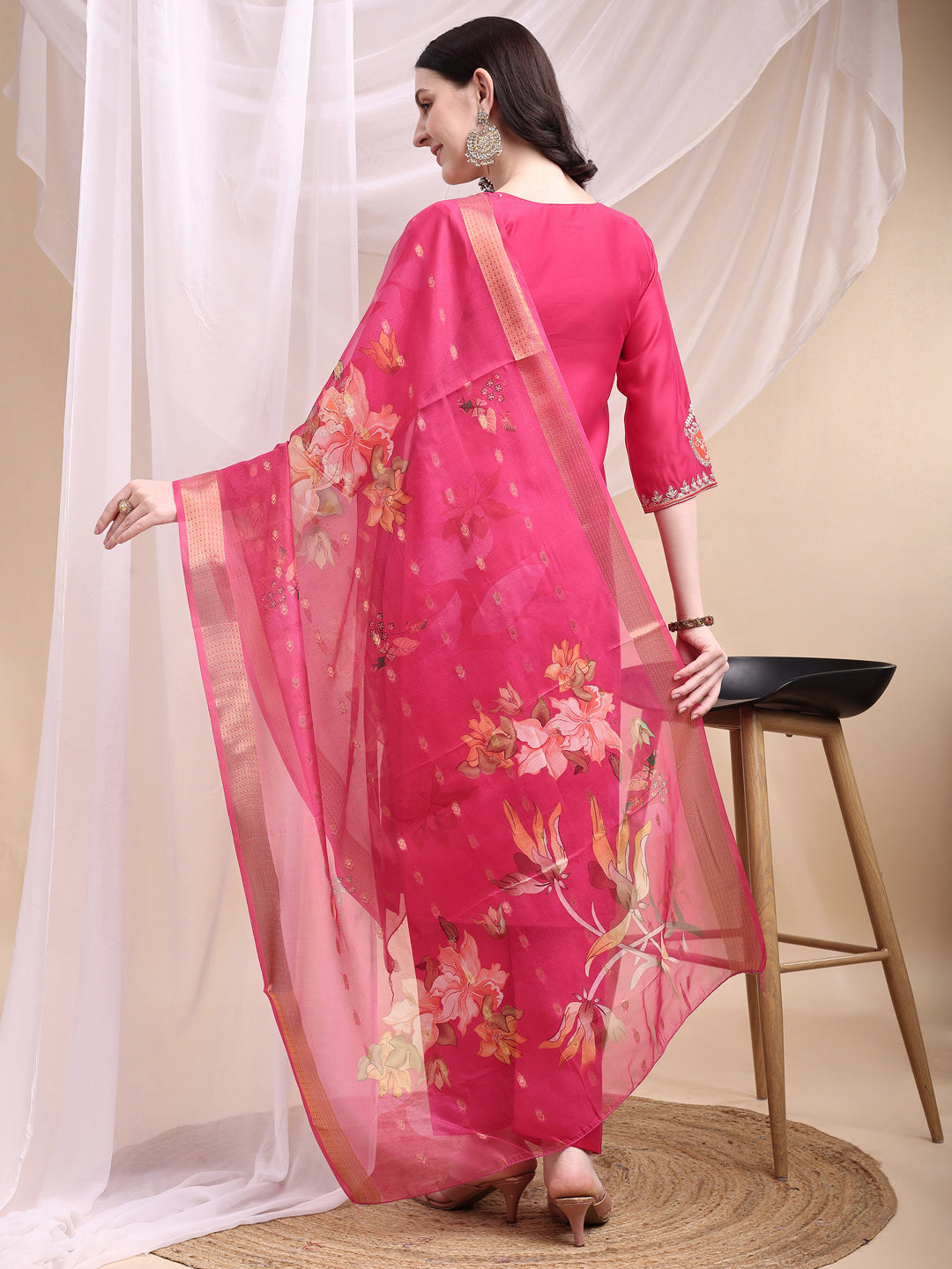 Embroidered Kurta with Pant & Printed Organza Dupatta