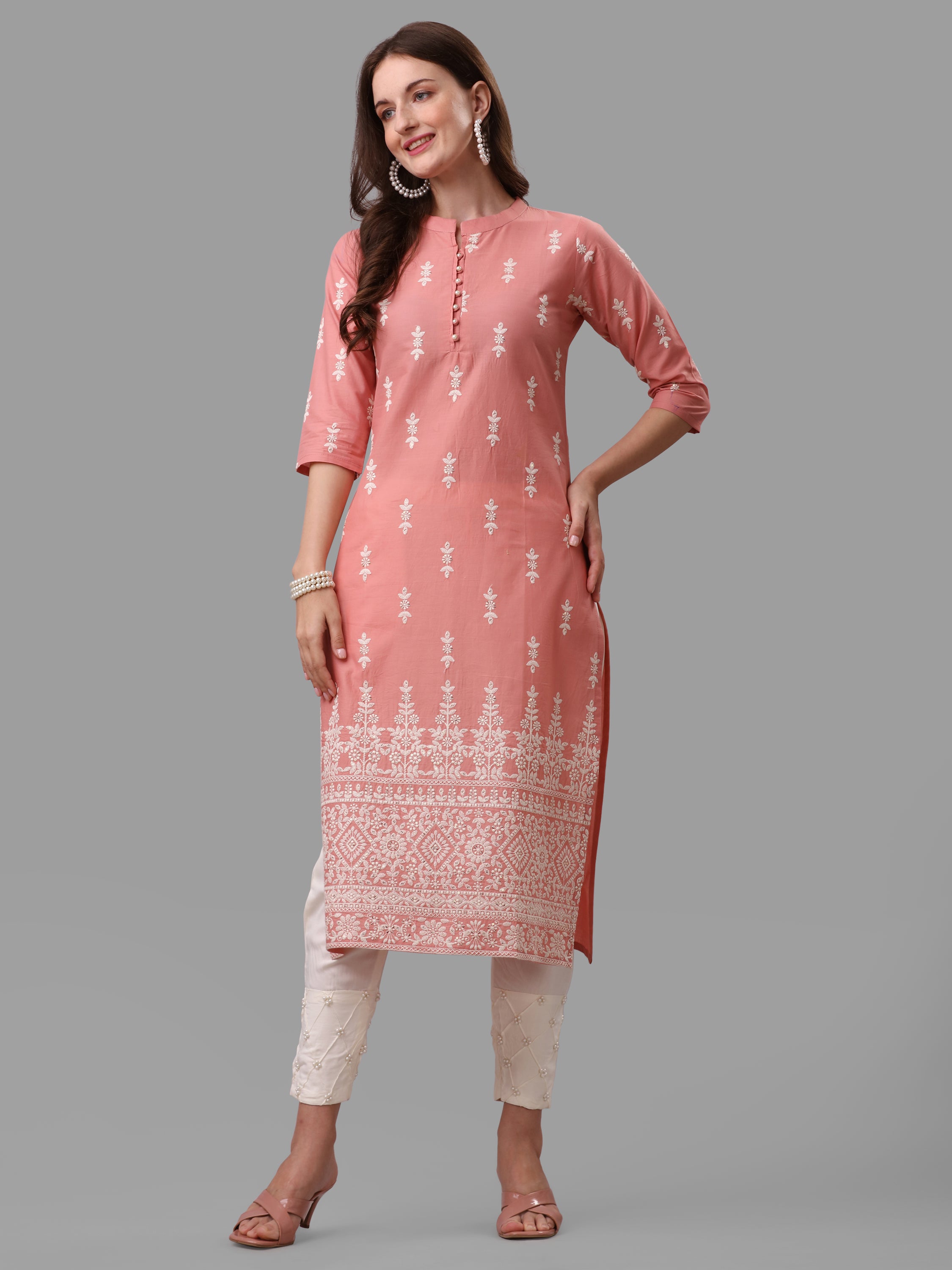 Ethnic Motif& Mandarin Collar Kurta with Cotton Pant Set