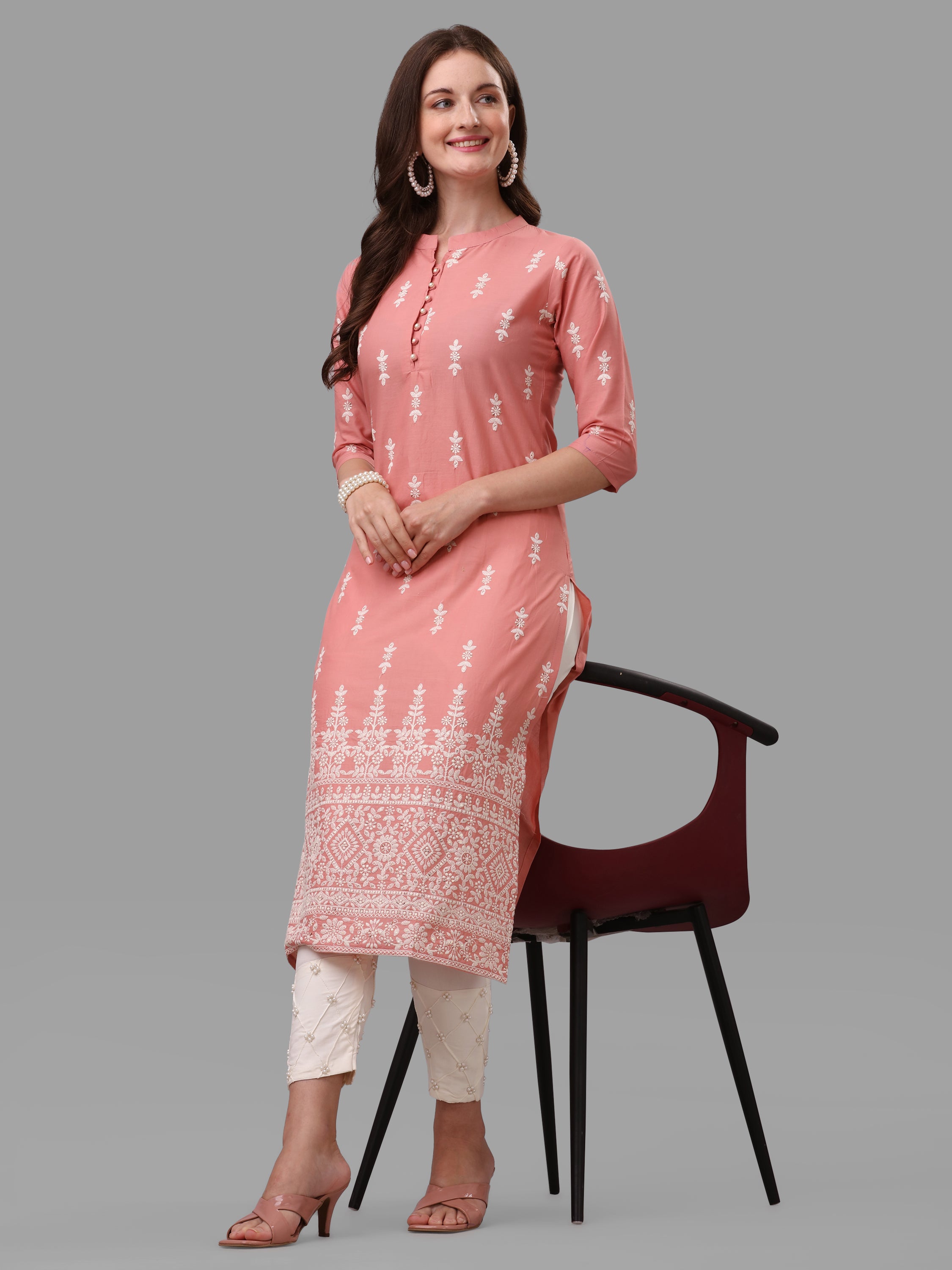 Ethnic Motif& Mandarin Collar Kurta with Cotton Pant Set