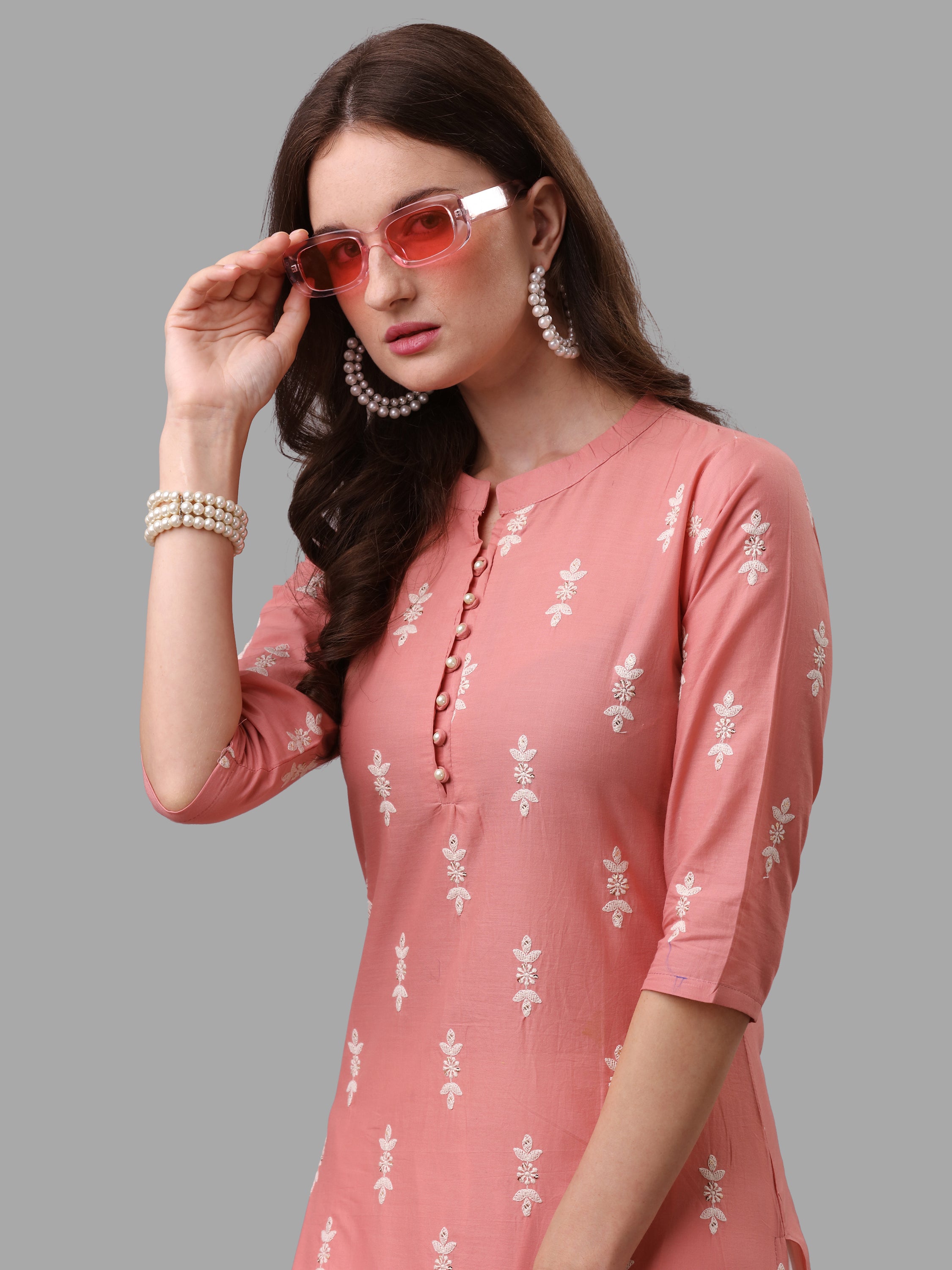 Ethnic Motif& Mandarin Collar Kurta with Cotton Pant Set