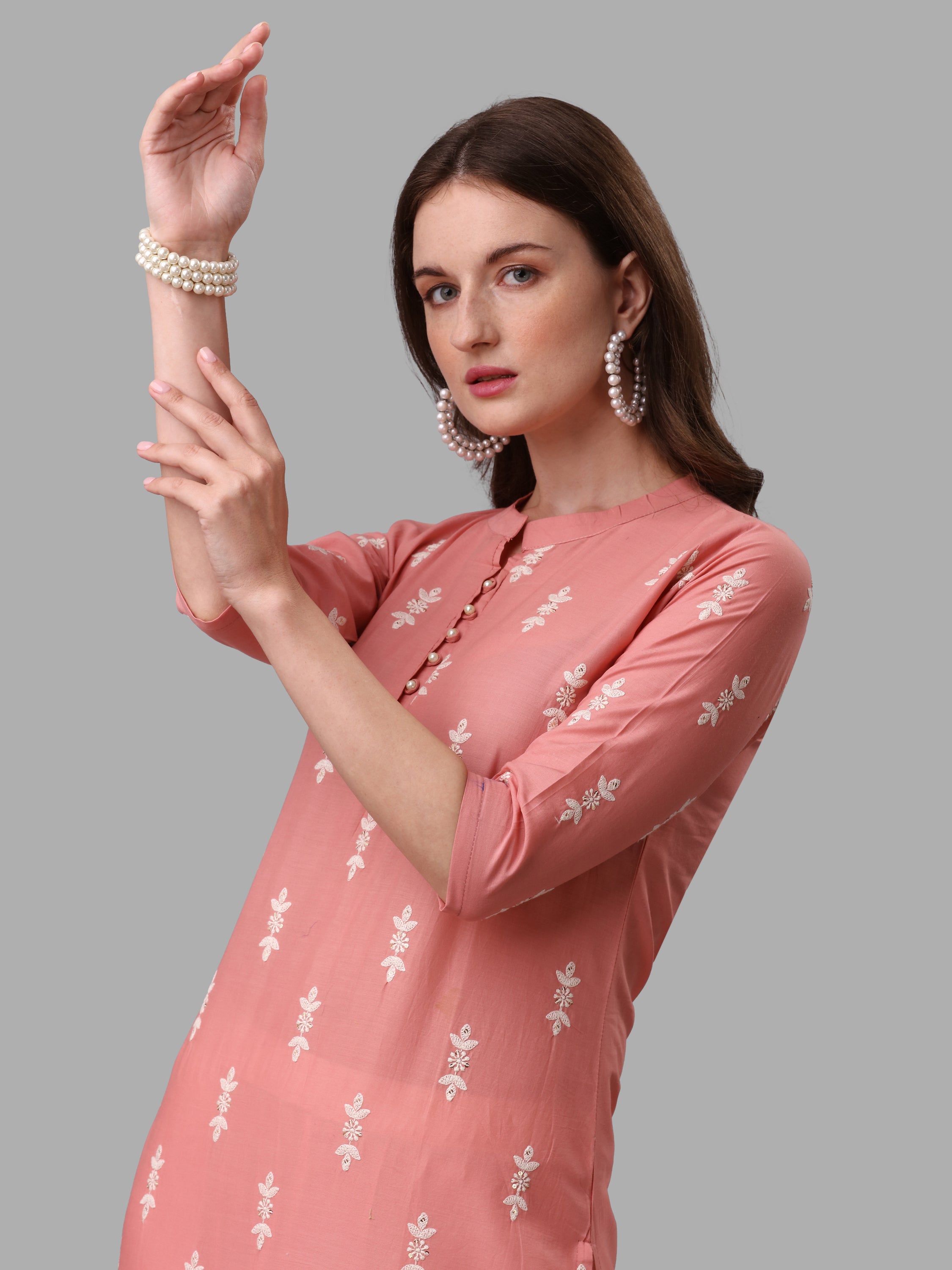 Ethnic Motif& Mandarin Collar Kurta with Cotton Pant Set