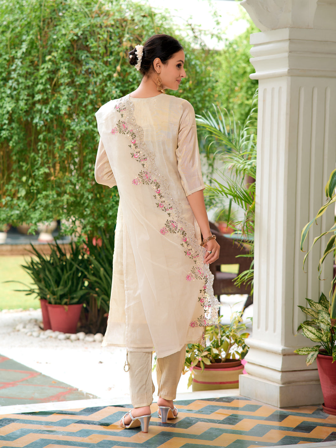 Mirror Embroidered Silk Kurta with pant & Embroidered Organza Dupatta